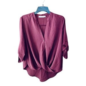 Lush cross front roll tab sleeve lightweight button hi-lo blouse SZ S burgundy